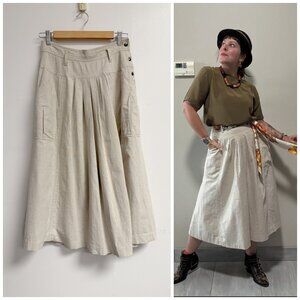 Vintage Chaus Linen Blend Khaki Tan Cream Full Pleated Safari Skirt
